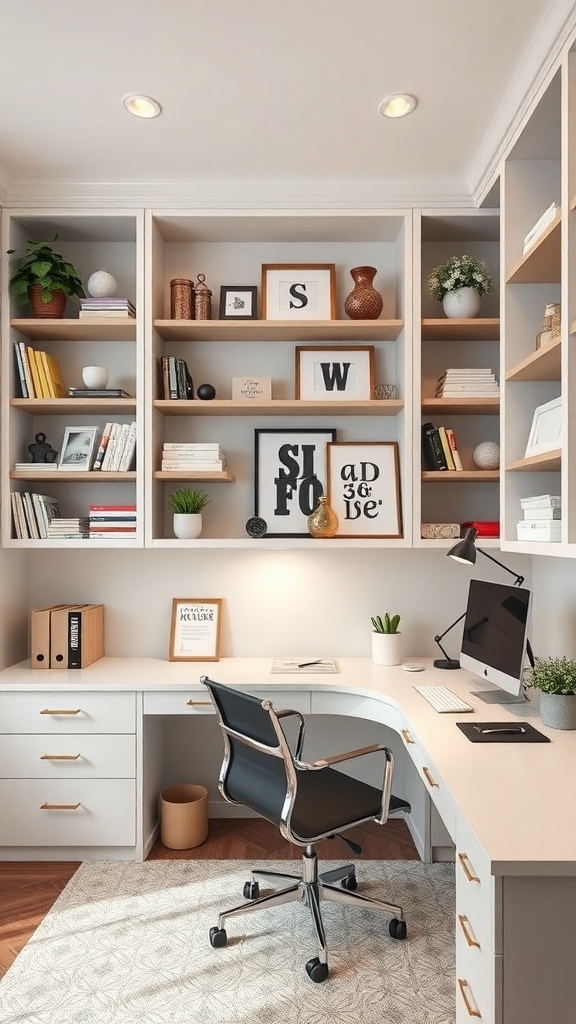 A stylish home office with built-in desk and shelves, featuring books, plants, and decorative items.