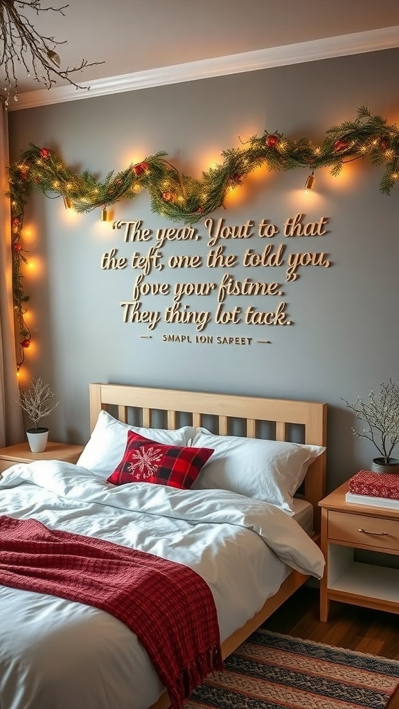 Cozy bedroom with an accent wall, featuring a quote, greenery, and seasonal decor.