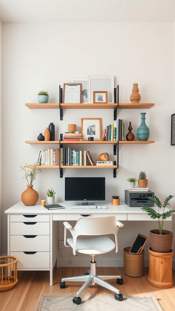 A stylish small home office with a desk, computer, and shelves displaying books and decorative items.