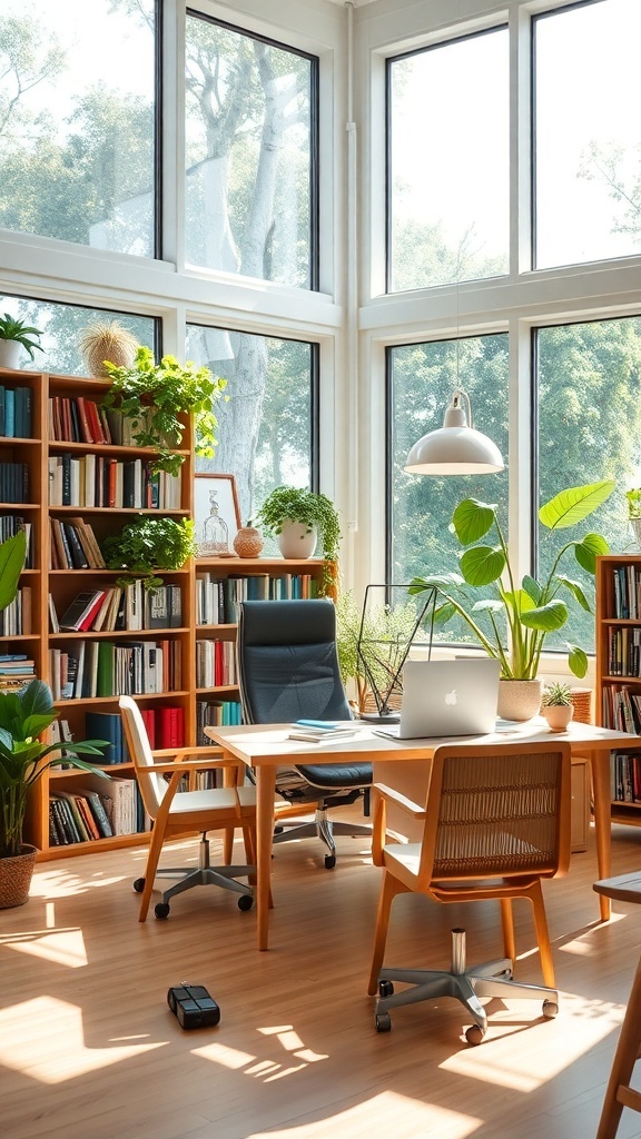 A bright home office library with large windows, bookshelves, and plants.