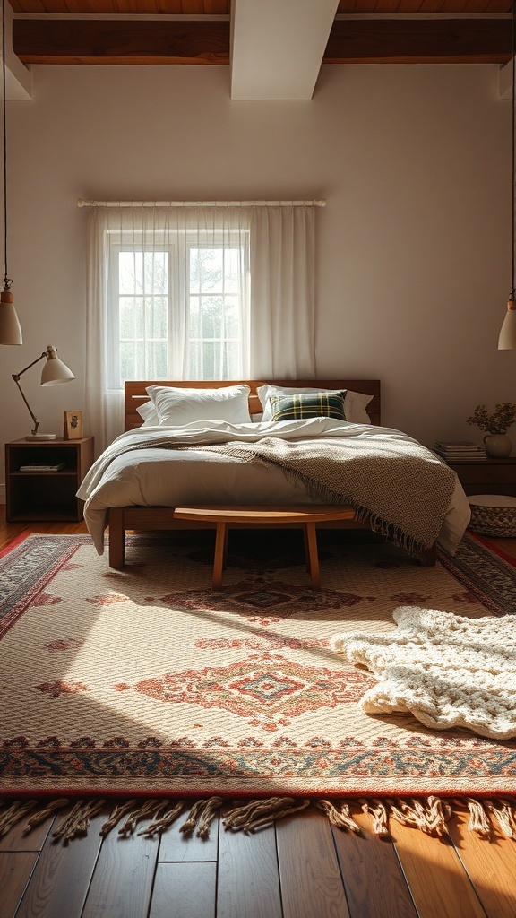 A warm and inviting bedroom featuring layered rugs, a cozy bed, and natural light.