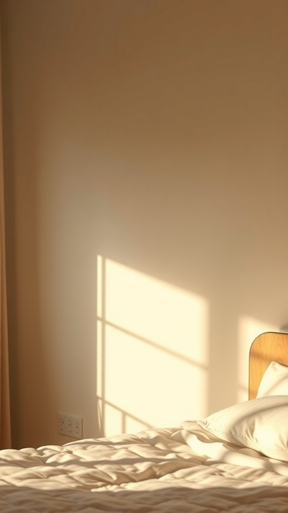 A softly lit bedroom with sunlight casting shadows on the wall and bed.