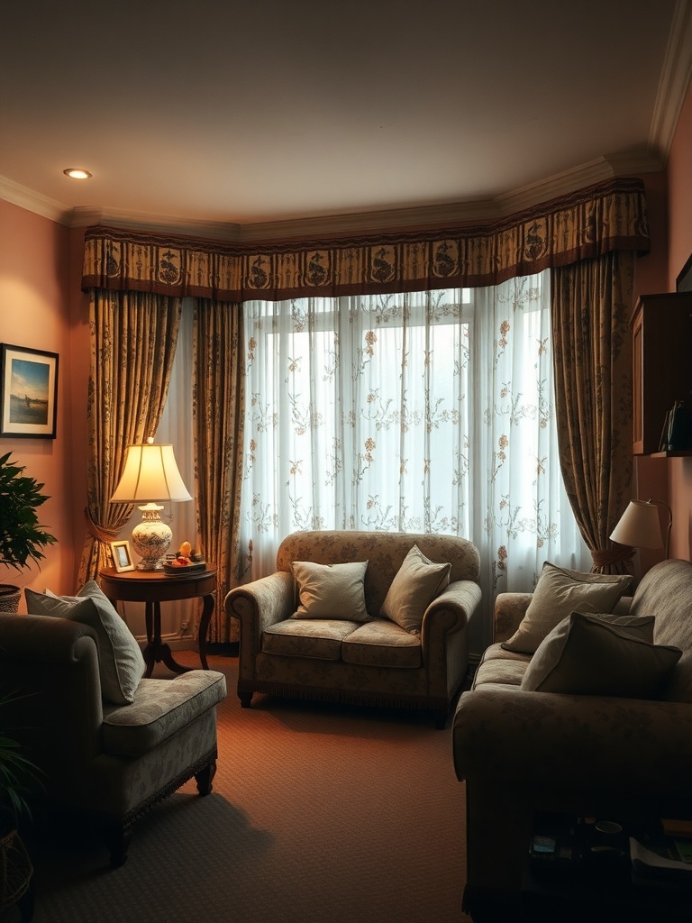 Cozy living room with vintage floral curtains and plush sofas
