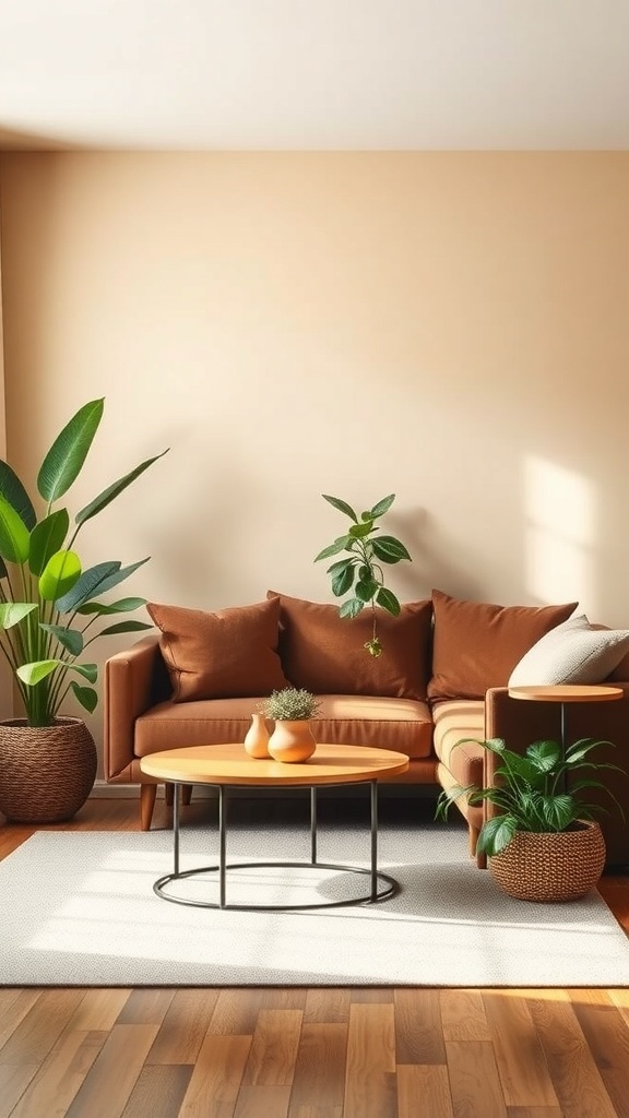 Cozy living room with warm colors and various indoor plants
