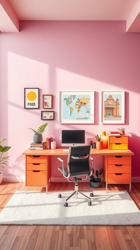 A bright home office with a pink wall, orange desk, and colorful decorations.