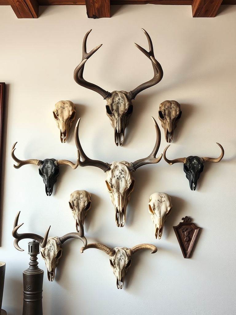 16 Unique Gothic Western Home Decor Finds 7 A collection of skulls and antlers mounted on a wall, showcasing various textures and colors.
