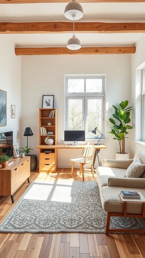 A bright home office with a desk, chair, sofa, and plants, showcasing a flexible furniture arrangement.