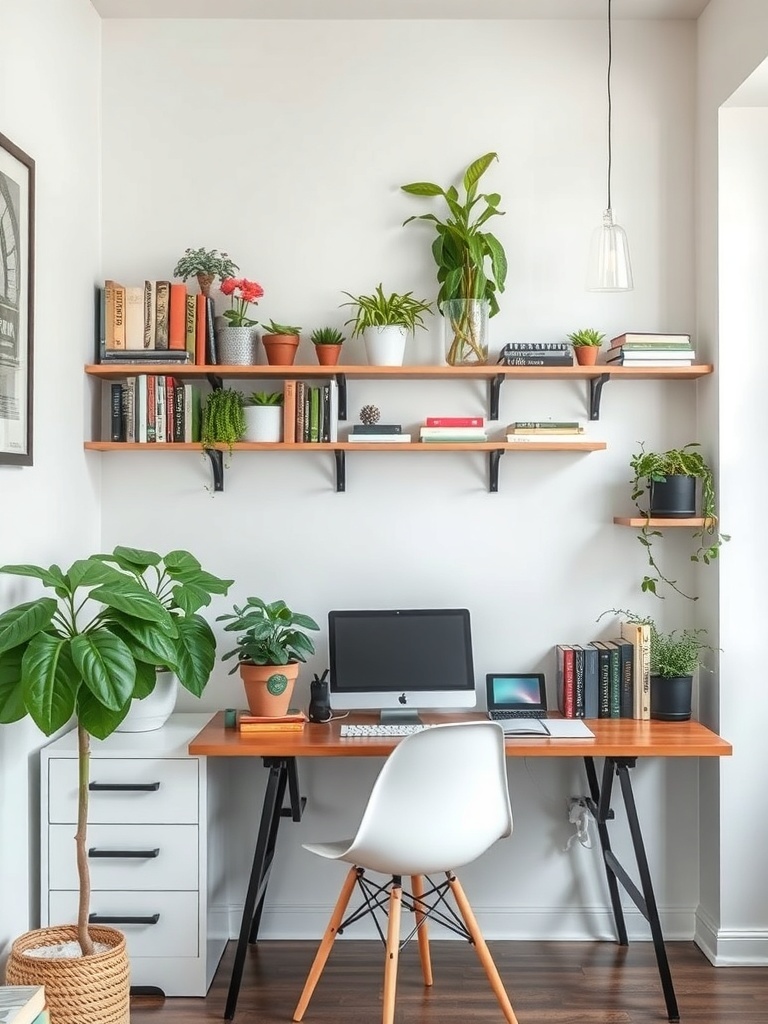 A small home office featuring wall-mounted shelves with books and plants, a desk with a computer, and a chair.