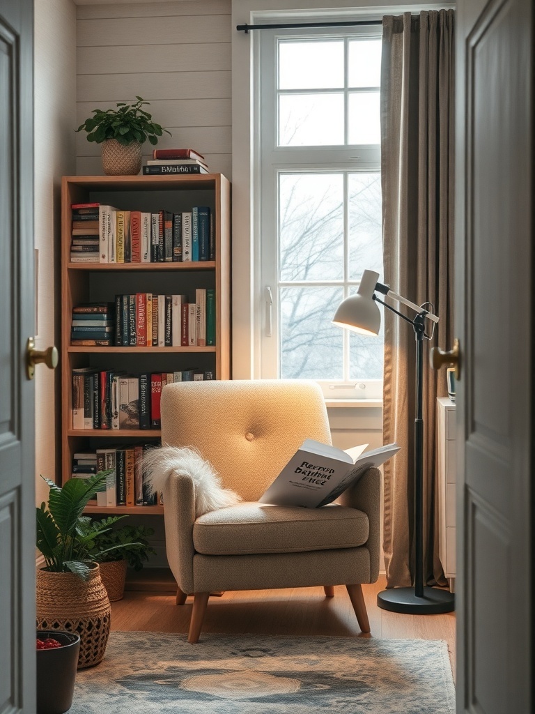 A cozy reading nook featuring a soft chair, a bookshelf filled with books, and a plant, all bathed in natural light.