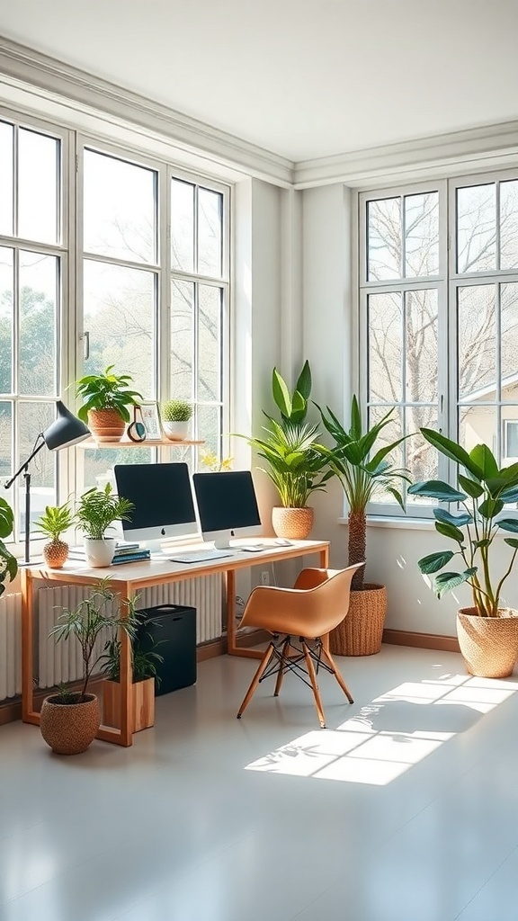 A modern home office with large windows, a wooden desk, two computers, and various indoor plants.