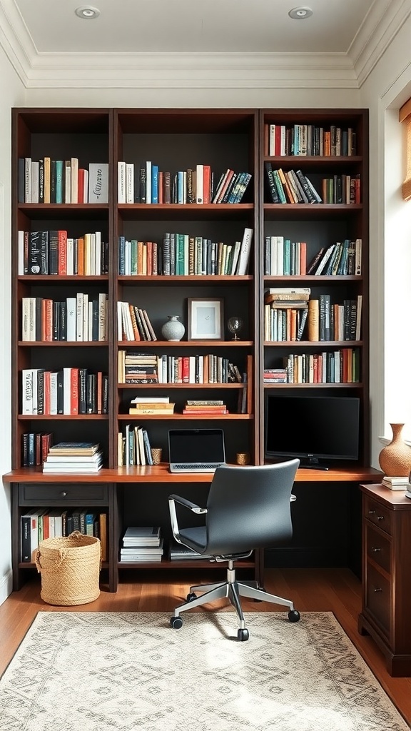 A home office with a large bookshelf filled with books, a desk with a chair, and two computer monitors.