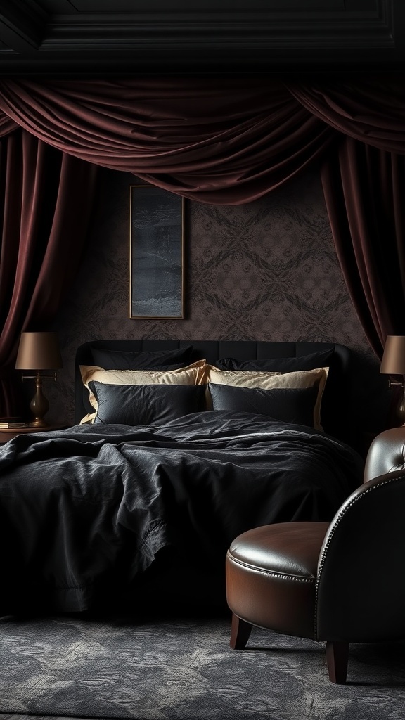 10 Stunning Dark Home Decor Ideas to Transform Your Space 6 A dark-themed bedroom featuring rich textures and fabrics, with deep red curtains, a black bedspread, and a leather chair.
