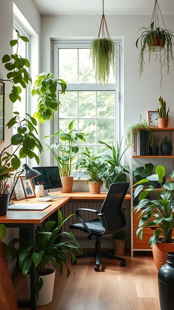 A cozy home office with various indoor plants, a wooden desk, and a computer.