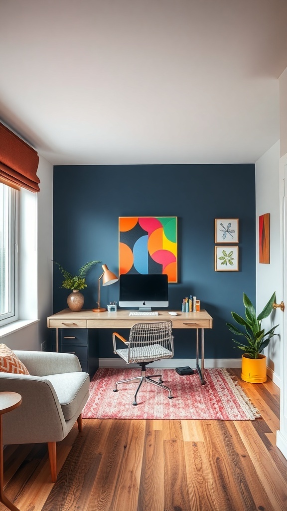 A stylish home office with a colorful accent wall, featuring a desk, computer, and decorative elements.