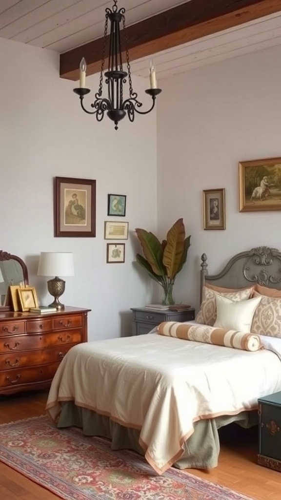 A cozy bedroom featuring vintage decor with modern touches, including a chandelier, wooden dresser, and framed artwork.