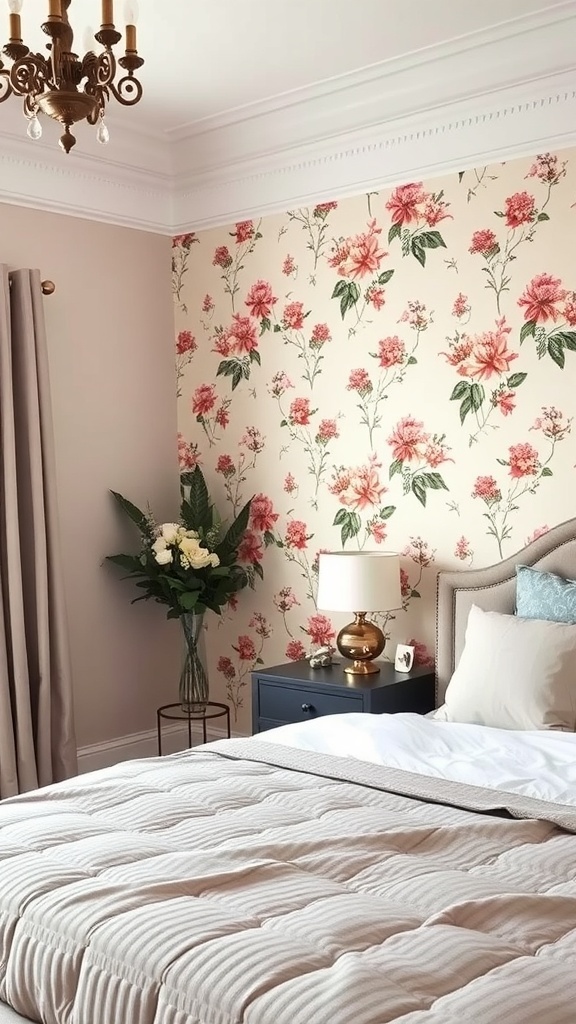A cozy bedroom featuring floral wallpaper, a chandelier, and a neatly made bed.
