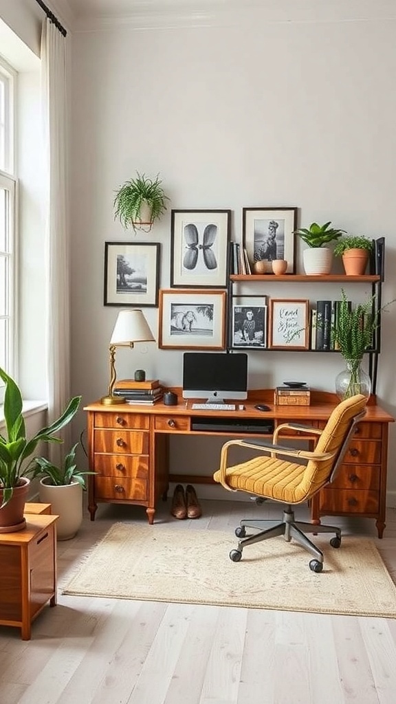 A feminine home office featuring vintage furniture, plants, and artwork.