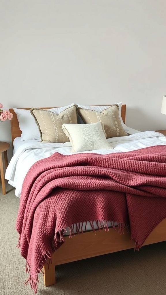 Cozy guest bedroom with a neatly made bed featuring white sheets, a pink blanket, and decorative pillows.