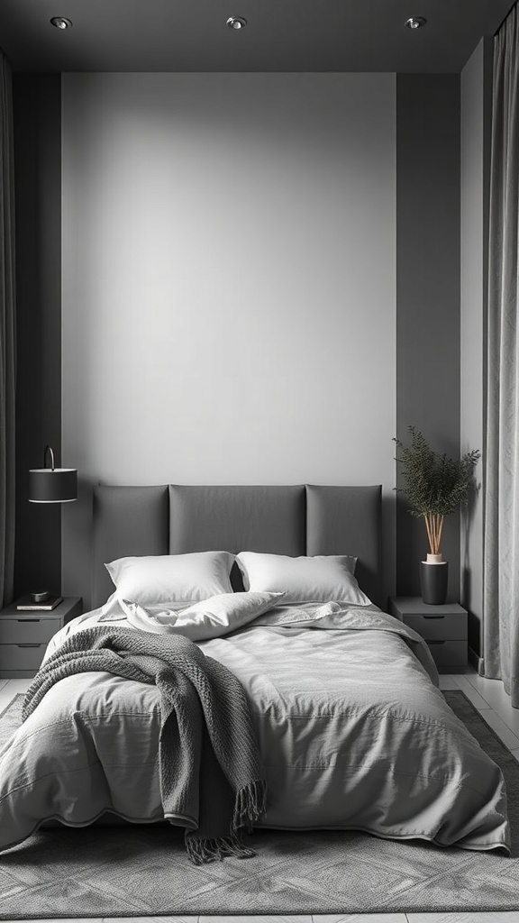 A modern grey bedroom featuring a bed with grey linens, a textured throw, and sleek nightstands.