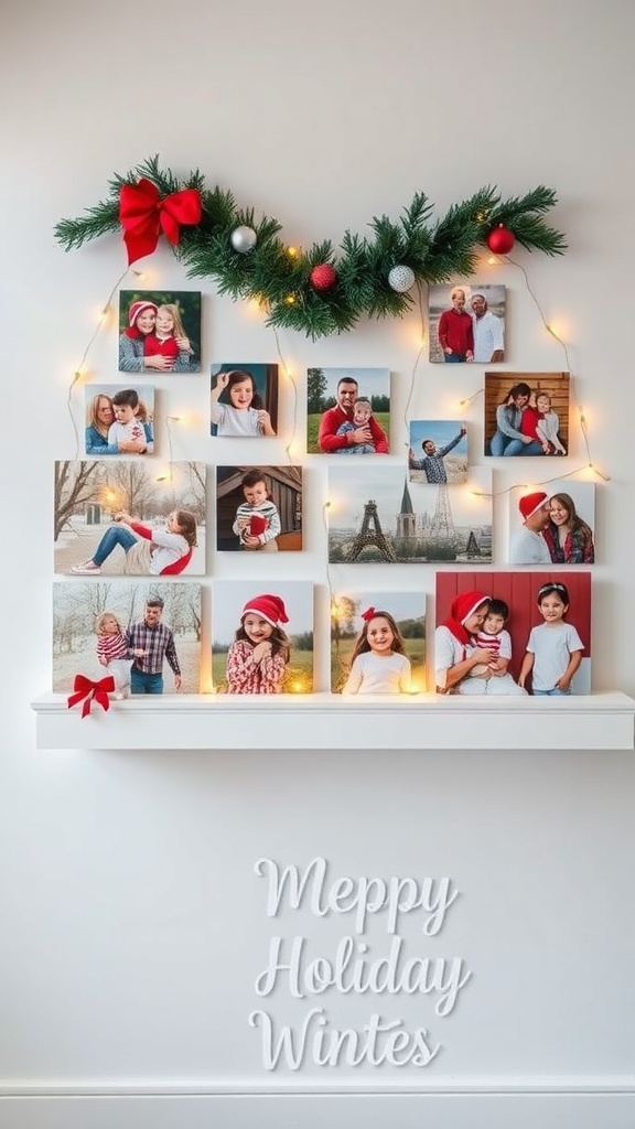 A festive holiday photo display with family pictures, greenery, and lights.
