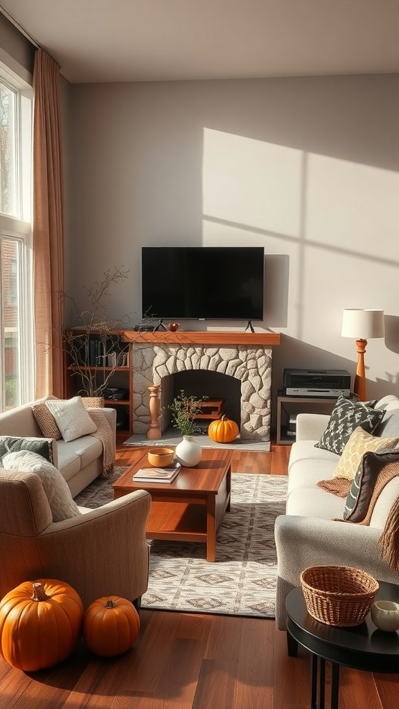 A cozy fall living room with two sofas facing each other, a coffee table, pumpkins, and a stone fireplace.
