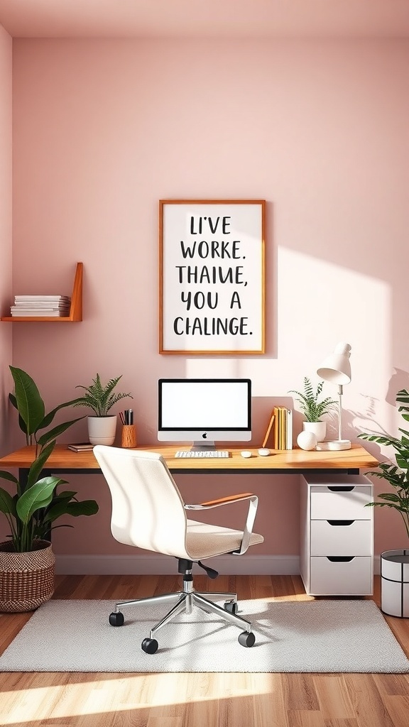 A cozy home office with pink walls, a wooden desk, a computer, plants, and a motivational quote.