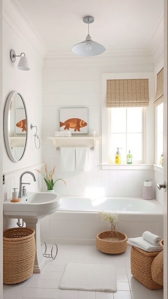 13 Awesome Home Decor Inspo to Transform Your Space 8 A bright coastal bathroom with a bathtub, sink, and natural decor elements.