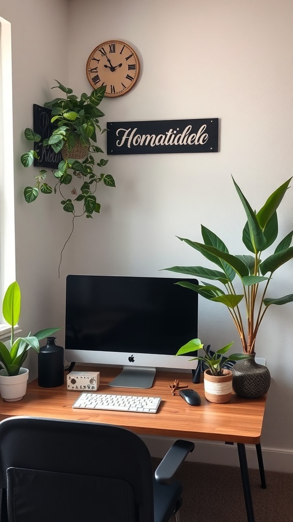 A stylish home office with a clock, plants, and a computer setup.