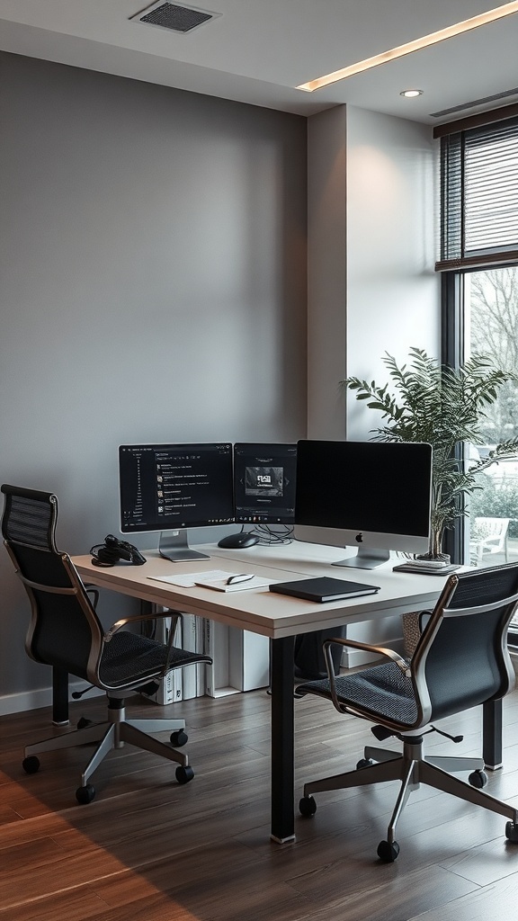 A modern small home office with two monitors, ergonomic chairs, and a plant.