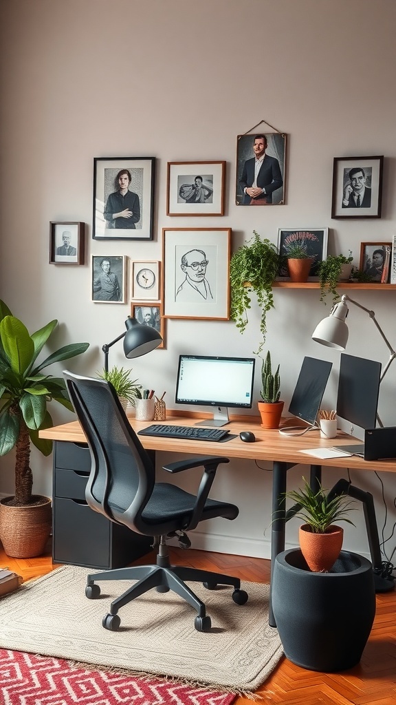 A modern male home office with a desk, chair, computer, plants, and framed portraits on the wall.