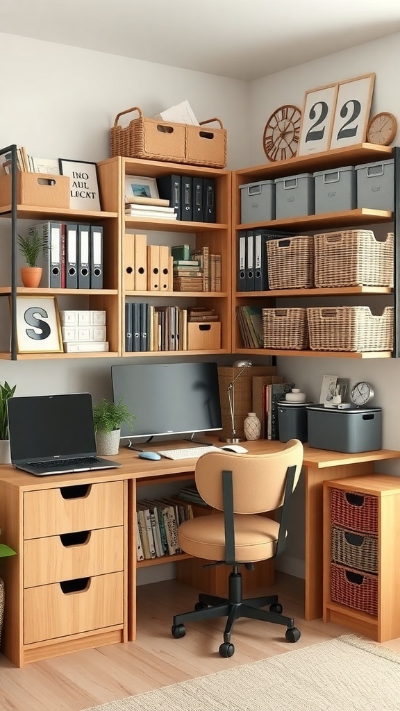 A well-organized home office with wooden shelves, storage boxes, and a desk with a computer.