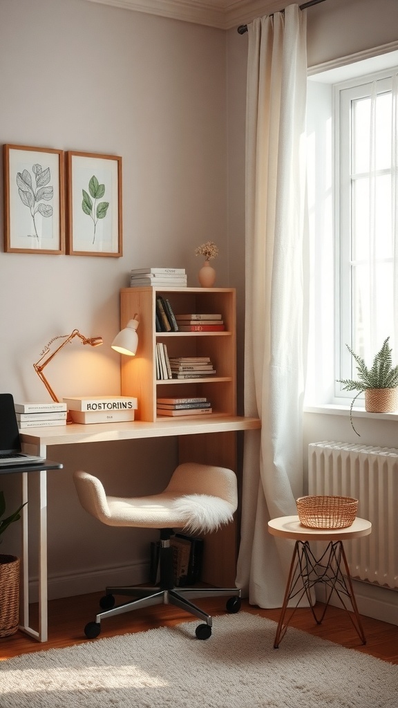A cozy reading nook in an office with a wooden desk, a comfortable chair, and bookshelves.
