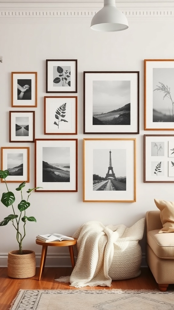 A cozy living room with a gallery wall of black-and-white framed prints, a potted plant, and a comfortable sofa.