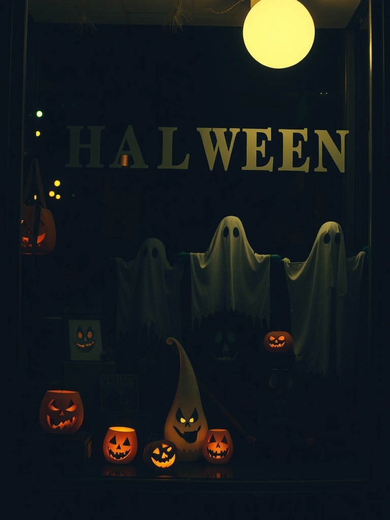 12 Spooktacular Halloween Home Decor Ideas to Transform Your Space 7 A Halloween-themed window display featuring carved pumpkins, ghost decorations, and a glowing light.
