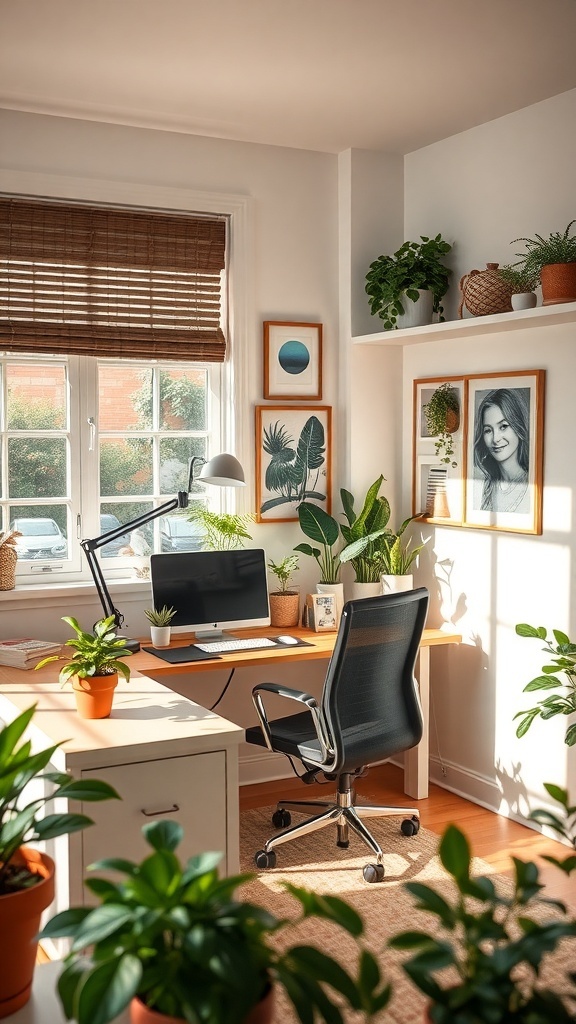 A bright home office with a desk, computer, plants, and framed pictures on the wall.