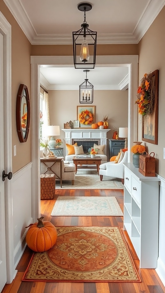 A cozy fall-themed entryway with pumpkins, warm lighting, and decorative accents.