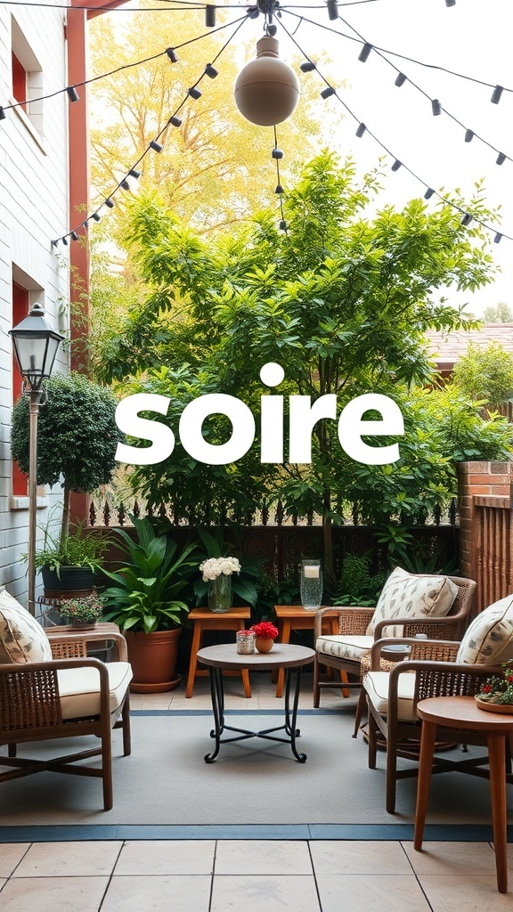 Cozy outdoor seating area with comfortable chairs, a small table, and greenery.