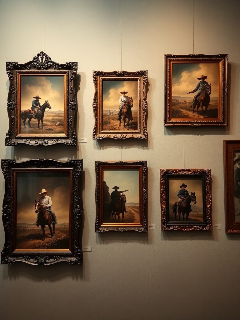 16 Unique Gothic Western Home Decor Finds 1 A collection of vintage western paintings featuring cowboys on horseback, displayed in ornate frames.