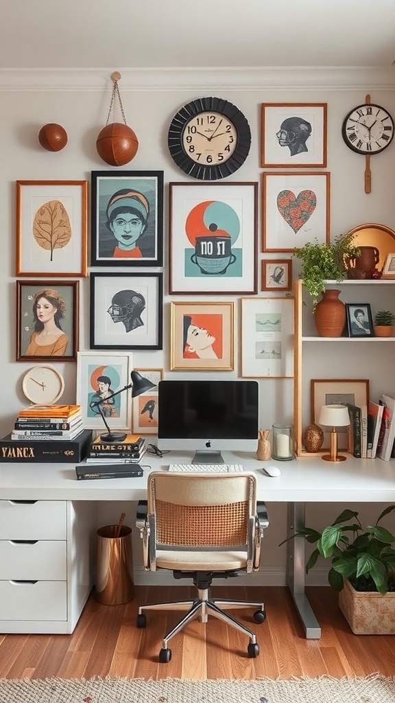 A cozy home office with a stylish desk, framed art on the wall, and decorative items.