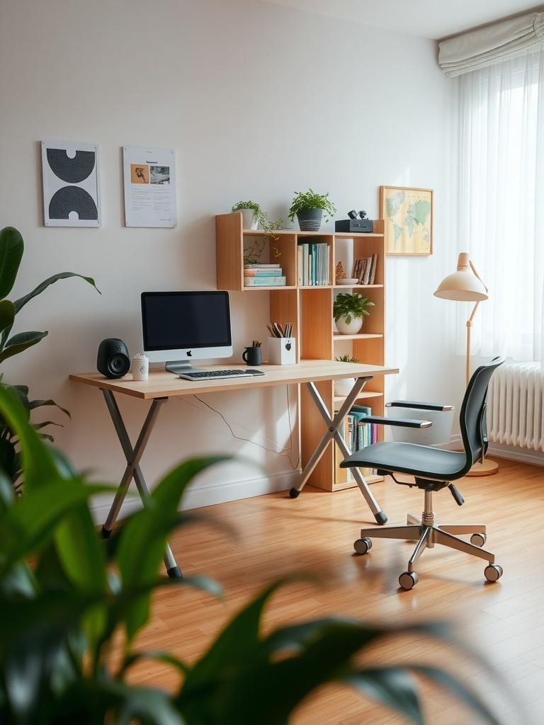 A modern home office with a desk, chair, and shelving unit filled with books and plants.