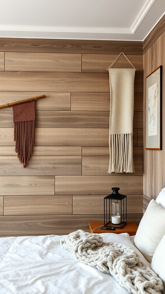 A warm bedroom featuring textured wooden wall panels, woven wall hangings, and a cozy bed with a chunky knit blanket.