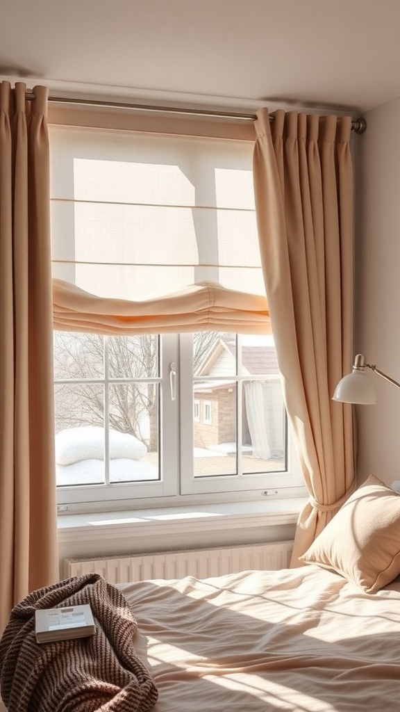 A cozy bedroom window with light-colored curtains and a shade, creating a warm atmosphere.