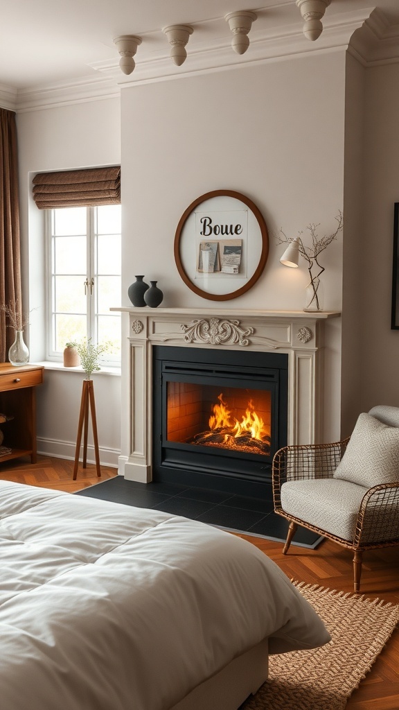 Cozy bedroom featuring a fireplace with flames, a comfortable chair, and stylish decor.