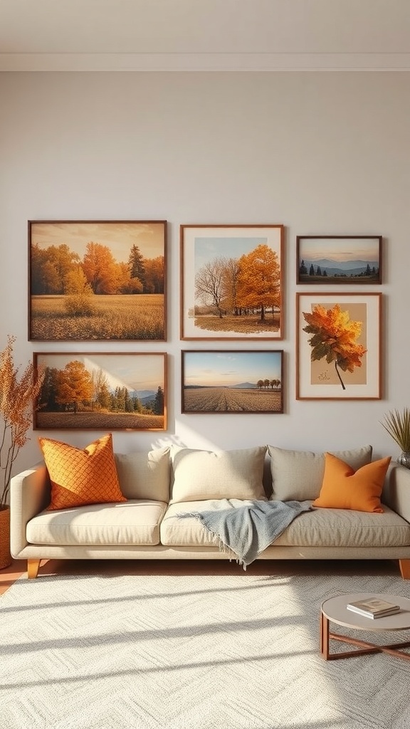 A cozy living room with fall-themed artwork on the walls, featuring warm colors and a comfortable sofa.