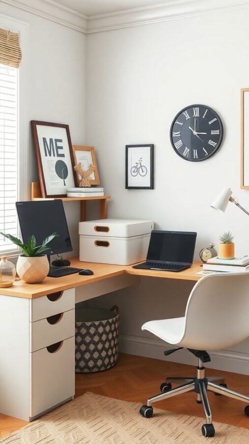 A stylish home office with a wooden desk, storage boxes, plants, and decorative art.