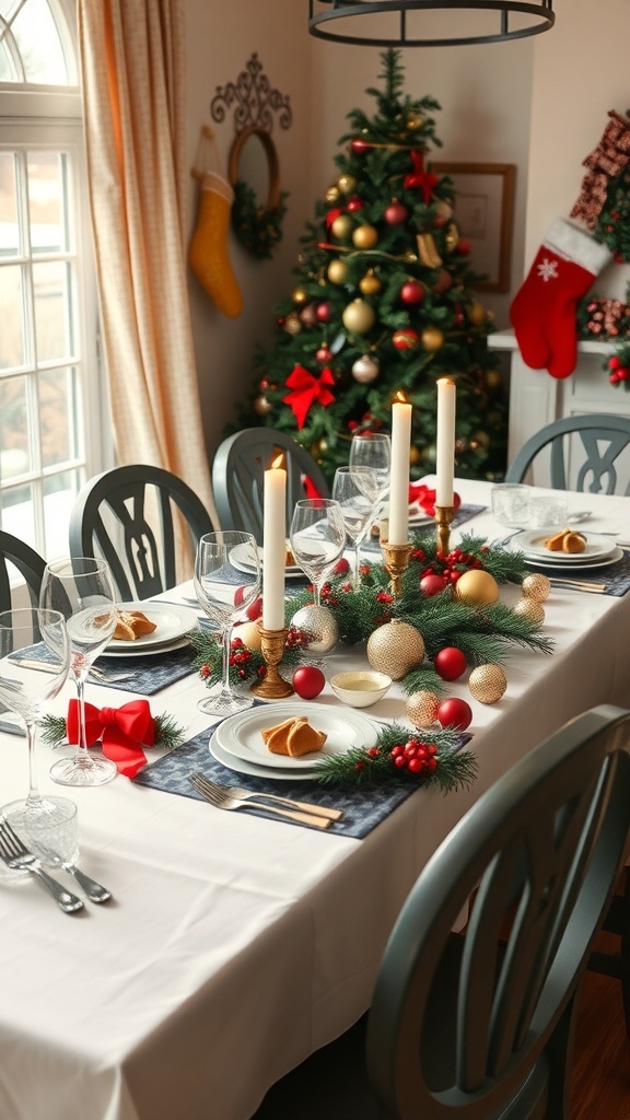 A beautifully set dining table for Christmas with a centerpiece of greenery and ornaments, elegant glassware, and red accents.