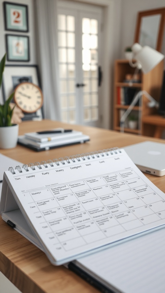 A home office desk with a planner open, a clock, and a laptop, showcasing an organized workspace.