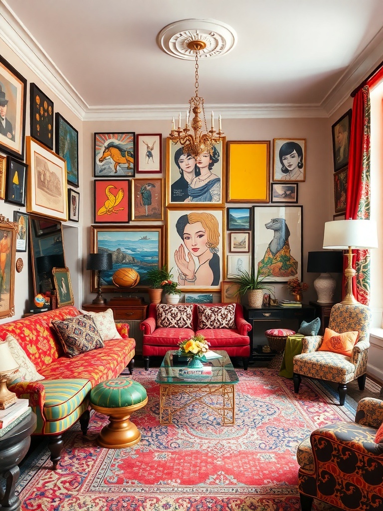 10 Home Decor Trends to Watch in 2025 3 A vibrant living room with bold patterns, eclectic artwork, and layered decor.