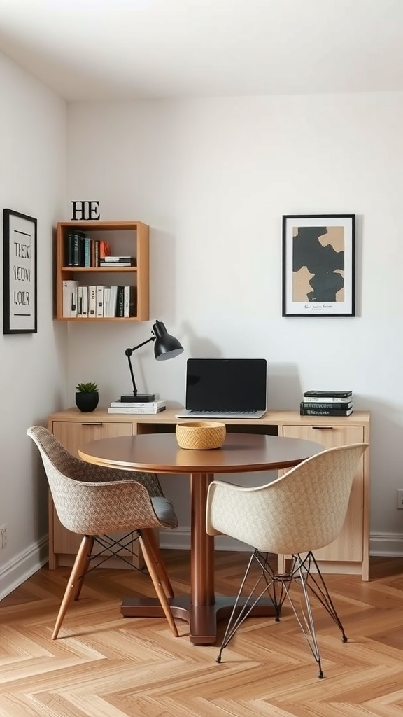 A small home office with a round table, two chairs, a wall-mounted shelf, and a warm color scheme.