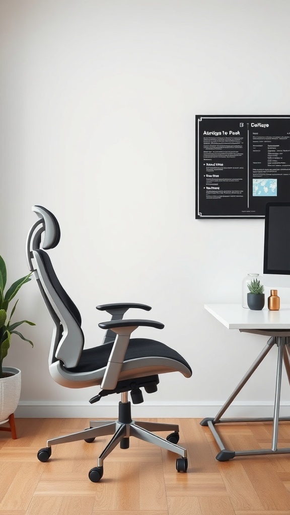 A modern ergonomic office chair beside a sleek desk in a home office setting.